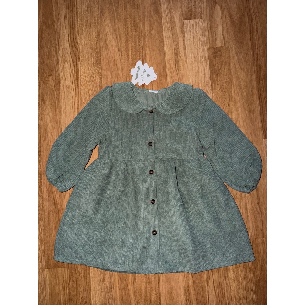 MioGlrie Toddler Girl Sage Green Corduroy Peter Pan Collar Button Front Dress
